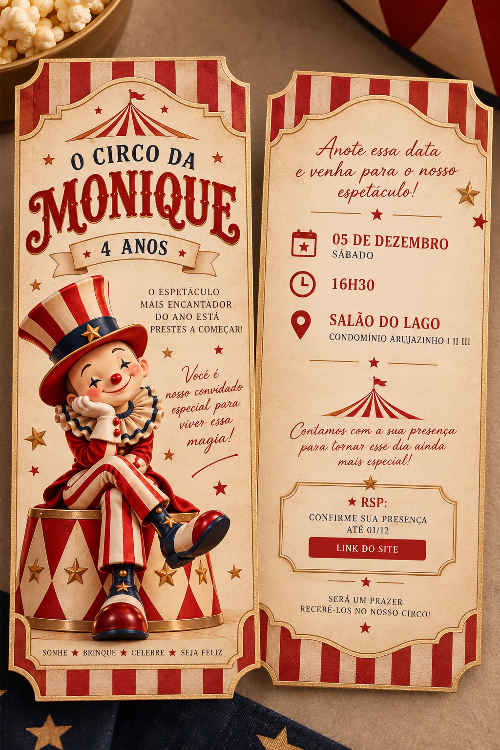 Convite oficial do Circo da Monique com palhacinho e informações da festa