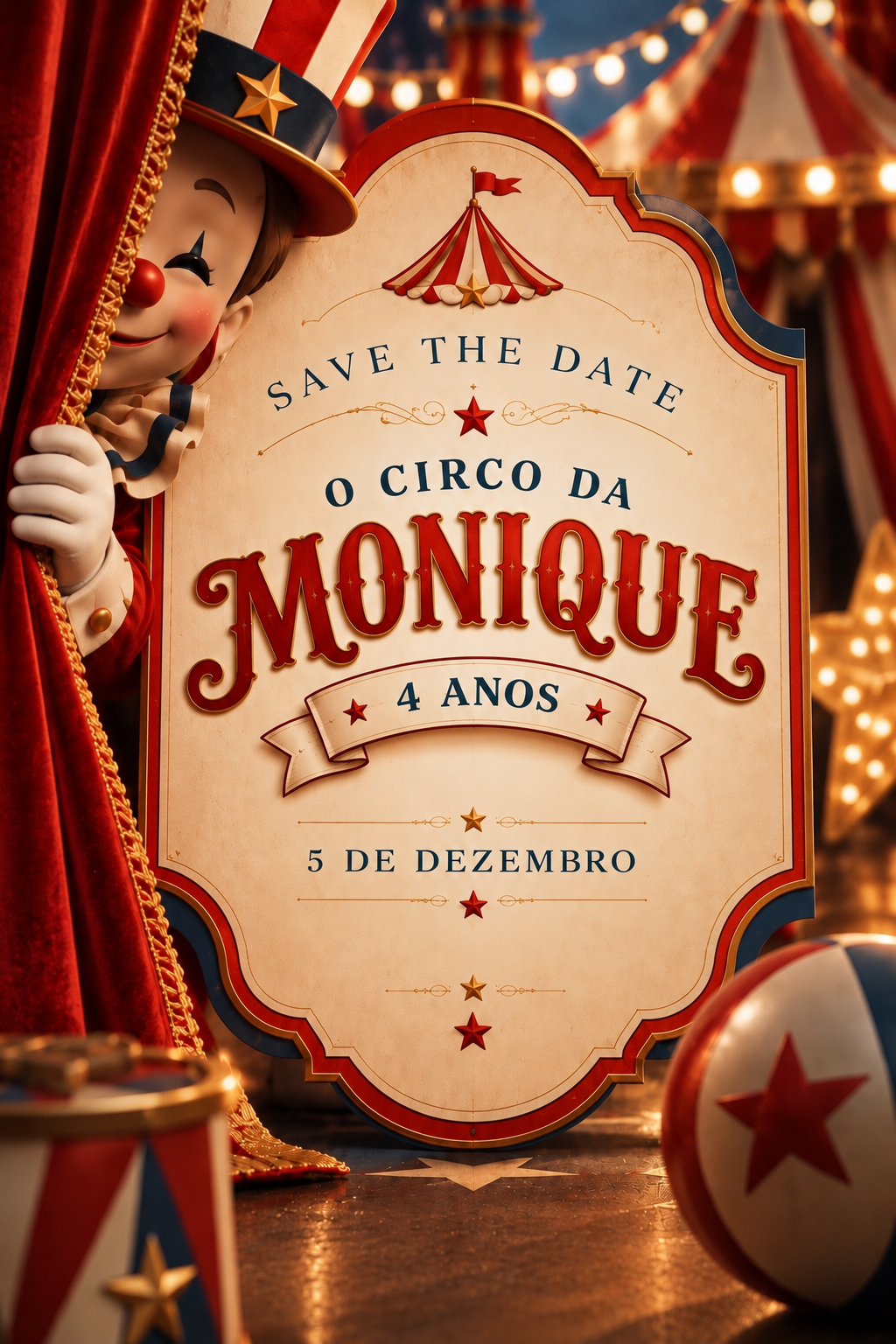 Cartaz oficial Save the Date do Circo da Monique, 4 anos, 5 de dezembro